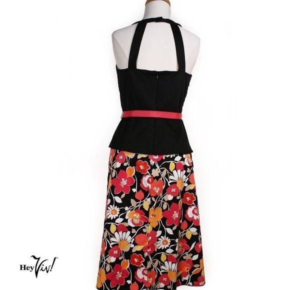 Vintage Halter Dress Sheri Martin Black Peplum Top Floral Skirt Size 6 - Hey Viv - Picture 3 of 8